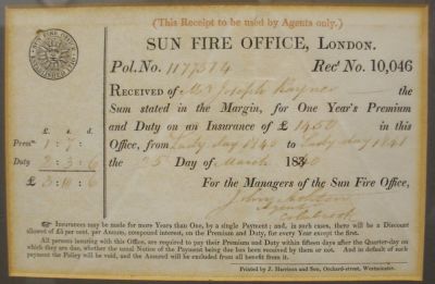 Sun Insurance Certificate Lady Day 1840
