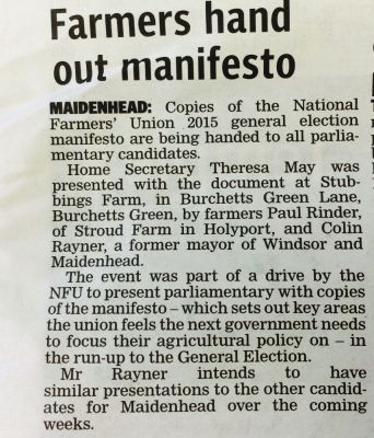 Colin Rayner hands out NFU Manifesto : Newspaper Cutting

