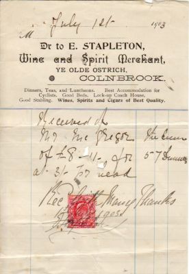 Stapleton Wine Merchants 1903 Invoice for 57 Dinners for Colnbrook Fire Brigade Annual Dinner?
Keywords:  Farms, Rayner