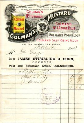 James Stiribling Grocer and Post Office Colnbrook, 1903 Invoice for Colnbrook Fire Brigade
Keywords: Rayner Farms, Colnbrook